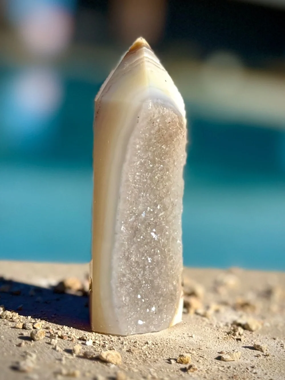 Brazilian Druzy Dove Grey Banded Agate Crystal Tower/Blue Sparkly Crystal